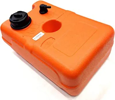 An orange fuel tank with black fittings on a white background.