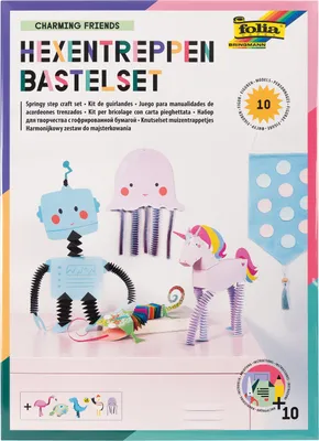 A craft kit with various colorful figures including a robot, jellyfish, unicorn, and chameleon.