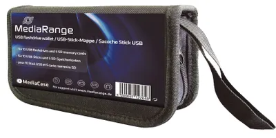 A close-up of a black MediaRange USB flash drive wallet.