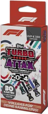A product box for trading cards, featuring Formula 1 branding and racing cars.