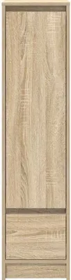 A tall, narrow cabinet with a wood grain texture, featuring a drawer at the bottom.