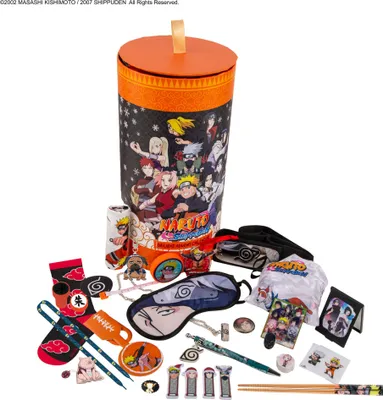 A collection of Naruto-themed merchandise is displayed in front of a large cylindrical container.