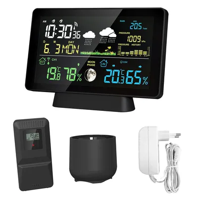 Produktbild von Wetterstation Funk mit Außensensor, Farbdisplay, Thermometer Hygrometer mit Wettervorhersage, DCF Funkuhr, Batteriebetrieb und Netzbetrieb