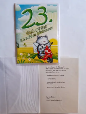 Produktbild von 1 Glückwunschkarte, 23. Geburtstag, Doppelkarte m. Umschlag, Katze Roller