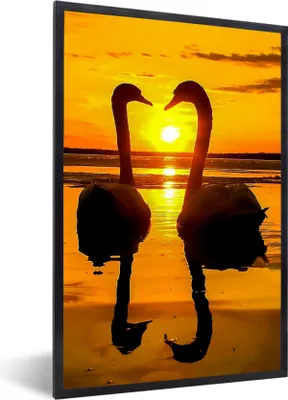 Produktbild von MuchoWow® Gerahmtes Poster Schwäne - Sonnenuntergang - Vogel - Orange - Wasser 40x60 cm - Poster mit Schwarzem Bilderrahmen Wandposter Rahmen Foto Bilder - Papierdruck - Wandbilder