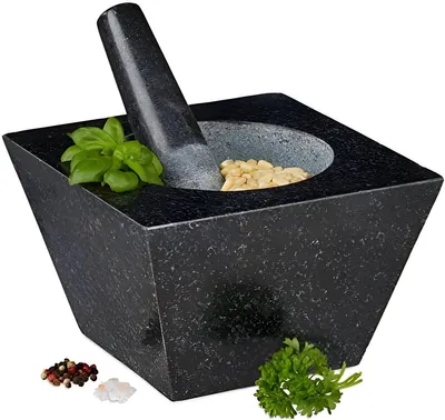 Produktbild von PolkaHome® XXL Granit Mörser mit Stößel für Gewürze und Kräuter, Schwarz, 750 ml, 6,75 kg, 12x19,5x19,5 cm