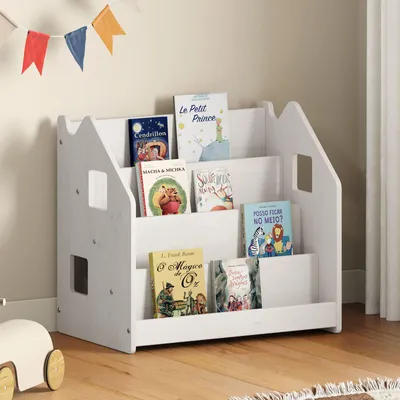Produktbild von Bücherregal BRUNO 4 Fächer aus Massivholz - weiß Montessori Bücherregal für Kinderzimmer, Stabil und sicher mit abgerundeten Ecken, Kinderzimmeraufbewahrung