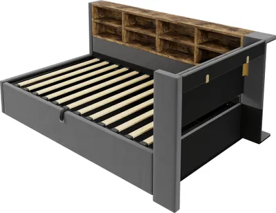 Produktbild von Merax Polsterbett Tagesbett 90x200cm mit USB und Typ-C Ladeanschluss, Kinderbett mit LED-Nachtlicht, hydraulischem Stauraum, Regalen, Samt, Grau