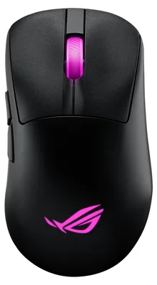 A black wireless gaming mouse with pink RGB lighting.