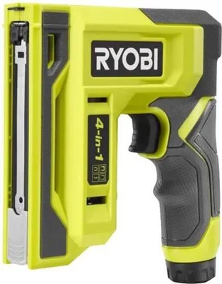 Imagen del producto de Clavadora RYOBI de 4V, para grapas de 6-14 mm, clavos de 18G hasta 15 mm. Incluye 1100 grapas T50 y 250 clavos de 18G