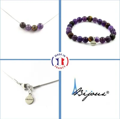 Image de Set de bracelets-colliers en perles d'oeil de tigre multicolores + chaîne en acier inoxydable avec améthyste 8 mm