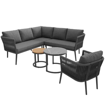 Produktbild von Flieks Rattan Gartenloungeset 6-tlg., Balkonmöbelset für 5-6 Personen, Gartenmöbel-Set mit 2 Gartentischen, Gartengarnitur mit Ecksofa und Stuhl, Grau