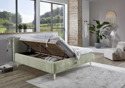 Produktbild von Meise Möbel Stauraumbett Mattis 180x200 cm | Doppelbett | Bettkasten & Lattenrost (Federholzrahmen) | Strukturstoff Hellgrün | Holzfuß sandfarbig