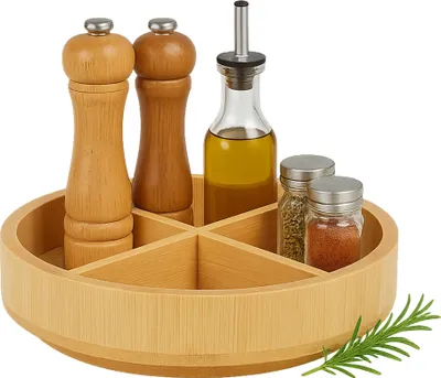 Produktbild von Relaxdays Drehteller, Bambus, 360° drehbar, 4 Fächer, entnehmbare Trennwände, HxD: 6 x 23,5 cm, Gewürz Organizer, natur