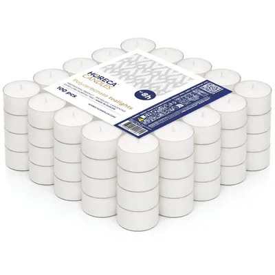Produktbild von Horeca Candles Theelichter 100 Stück – Weiß, 8h Brenndauer, Transparente Hülle, Ohne Duft, Teekerzen für Deko, Party, Hochzeit
