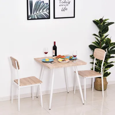 Produktbild von Essgruppe 3-teilig Landhaus, Esstisch mit 2 Stühlen MDF Metallgestell, Küchentisch-Set Natur-Weiß | 70x70x76 cm | Sitzhöhe 45 cm | 2 Personen