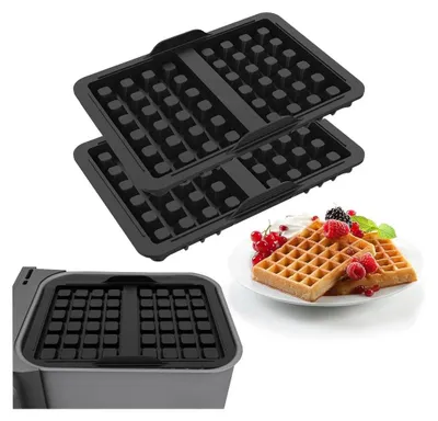 A collage showing waffle molds and finished waffles.