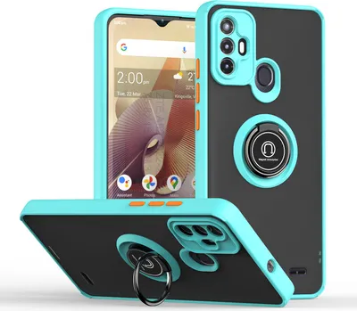A product shot of a phone case with a ring holder, showing multiple angles.