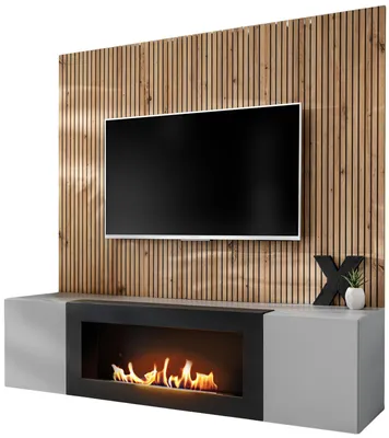 Produktbild von TV-Lowboard Set "iLike" in hellem Grau mit Eiche Artisan, Set mit Akustikpaneel und Ethanol Kamin