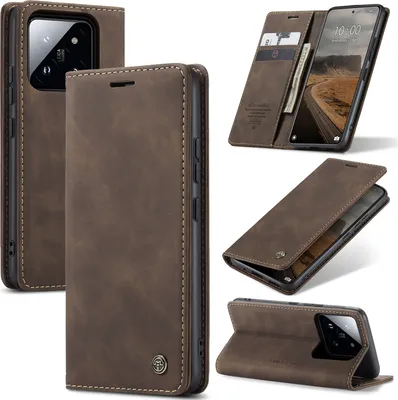 Collage of images showing a brown leather phone case for a Xiaomi 14, with different angles and views.