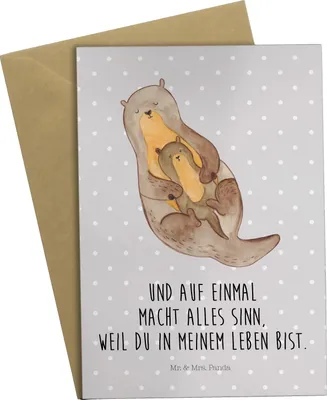 Produktbild von Mr. & Mrs. Panda Grußkarte Otter Kind - Grau Pastell - Geschenk, einladungskarten, kommunionskarte, Mutter, osterkarte, Baby, Geburt, hochzeitskarten, Familie, Tochter