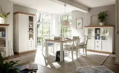 Produktbild von Landhaus Esszimmer-Set LINARES-61 in Pinie weiß / Wotan Eiche Nb. mit großem Highboard - (ohne Stühle) B/H/T ca.: 438x204x44 cm