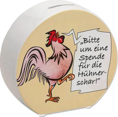 Produktbild von Spardose mit Hahn Motiv in rot zum Thema Trinkgeld und lustigem Spruch