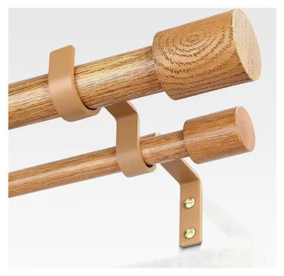 Produktbild von Doppelte Gardinenstange aus Holz für Fenster, 91,4 bis 183,9 cm, strapazierfähig und verstellbar, dekorative Gardinenstange mit rustikalen Boho-Endstücken, 2,5 cm Holzmaserung