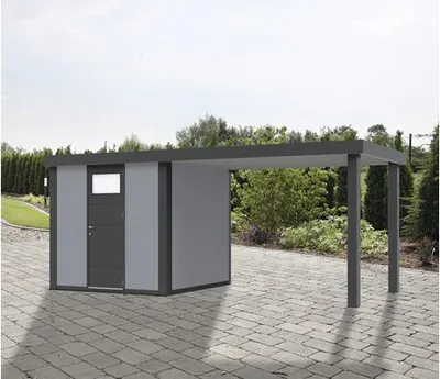 Produktbild von Gartenhaus Classico 2424 inkl. Regenrinne mit Seitendach rechts 542 x 259 cm lichtgrau