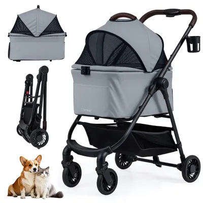 Immagine prodotto di COSTWAY Passeggino per cani 3 in 1, passeggino per cani con tetto in rete regolabile, cestino e portabevande, passeggino per animali fino a 15 kg, cassa per cani pieghevole, metallo (grigio)