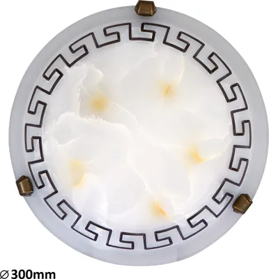A top-down view of a round ceiling light with a white, marbled glass shade and a decorative Greek key pattern around the edge. It is mounted with three small, brass-colored fixtures.