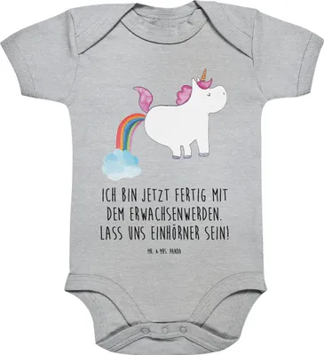 Produktbild von Mr. & Mrs. Panda Babybody Einhorn Pupsen 12. - 18. Monat - Heather Grey - Geschenk, body kurzarm, Spaß, Strampler, Regenbogen, babykleidung, Baby, Einteiler, Pups