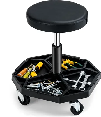 Produktbild von GOPLUS Werkstatthocker 41-55cm höhenverstellbar, Rollhocker mit Werkzeugablage & 4 Universalrädern, Funktioneller Arbeitshocker für Garage, Schwarz