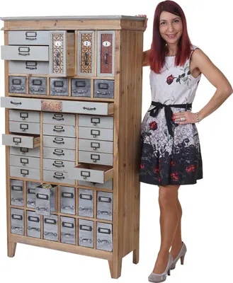 Zdjęcie produktu dla Szafka aptekarska HWC-A43, komoda z szufladami, lite drewno jodłowe, styl vintage shabby 152x81x34cm