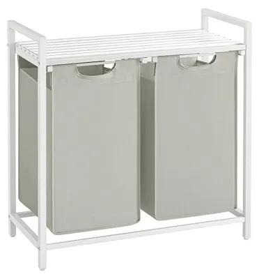 Zdjęcie produktu dla Koszyk na pranie z półką i 2 przegródkami – biały – MDF/stal – 73 x 33 x 72 cm