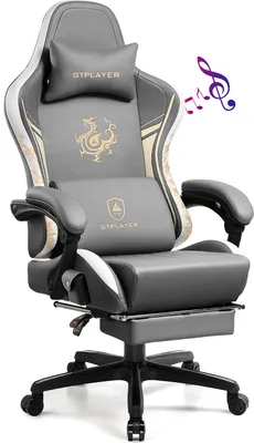 A gaming chair with a dragon emblem and musical notes indicating Bluetooth speakers.