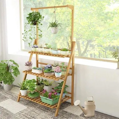 Obrázek produktu pro Bambooelemente – Vícepatrový stojan na květiny – Multifunkční regál na rostliny pro vnitřní i venkovní použití – Rostlinné schodiště se závěsnými košíky – Balkon, obývací pokoj, zahradní dekorace – 685 x 40 x 96 cm