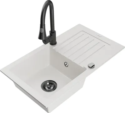Produktbild von Mexen Pablo 1 Becken-Granitspüle mit Abtropffläche und Mischbatterie Elia, Weiß - 6510-20-670101-70