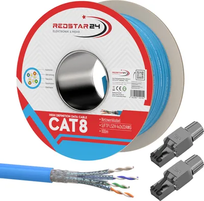 Produktbild von Cat 8 Verlegekabel Netzwerkkabel CAT 8.1 Kabel Ethernet LAN Cat8 RJ45 Stecker 100m 2x Cat8 Stecker Werkzeuglos