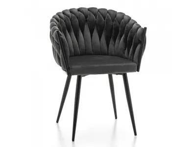 A single gray upholstered chair with black legs on a white background.