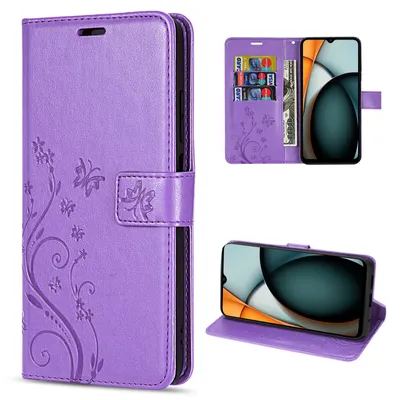 A collage of images showing a purple flip phone case with a floral and butterfly design. One image shows the case open with cards and money inside, and a phone inserted. Another image shows the phone case in a stand-up position with a phone inside.