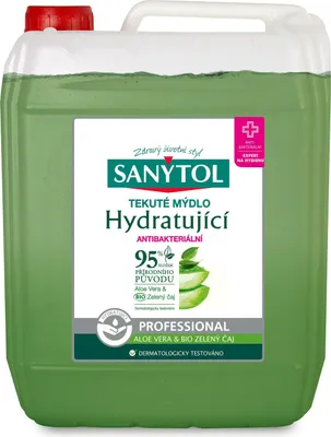 A large green plastic container of liquid soap with a red cap.