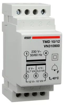 Produktbild von VEMER VN310900 TMD 10/12 - Klingeltrafo für Hutschienen, Trafo mit Primärspannung 230V, Sekundärspannung 4-8-12V und Leistung 10VA, Weiß