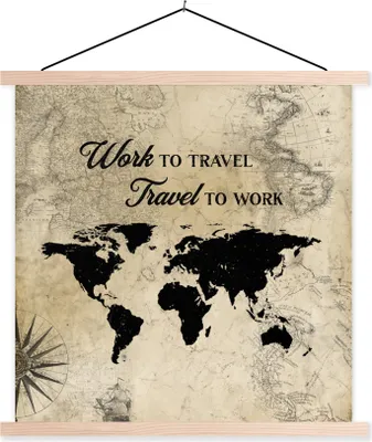 Produktbild von MuchoWow® Textilposter Weltkarte - Sprichwörter - Reisen - Vintage 60x60 cm mit holzfarbenen Rahmen - Wanddekoration