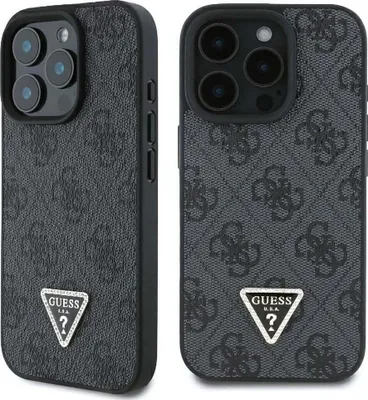 Two views of a black iPhone case with a repeating Guess logo pattern and a triangular Guess logo emblem.