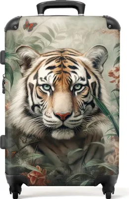Produktbild von NoBoringSuitcases.com® Großer Koffer - Tiger - Schmetterlinge - Tiere - Dschungel - Blumen - Kombinationsschloss TSA - Hartschalen Trolley 4 Rollen - 72 liter - Reisekoffer - 66 cmKoffer Mittelgroß 67x43x25 cm, 72L,