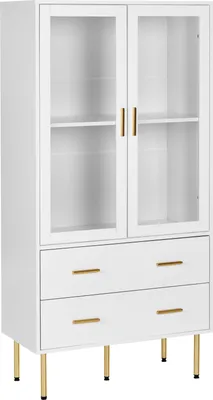 Produktbild von BELIANI Vitrinenschrank Weißes MDF mit Glastüren und 2 Schubladen Goldene Akzente