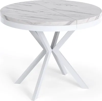 Obrázek produktu pro Kulatý Roztahovací Jídelní Stůl - Stůl s Bílými Kovovými Nohami - 90 až 170 cm - Průmyslový Stůl do Obývačky - Spořič místa – 90 cm - Bílý Mramor