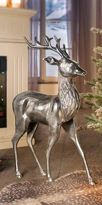 Image de grande statue décorative "cerf" en aluminium, argent brillant, 65cm de haut, statue d'animal