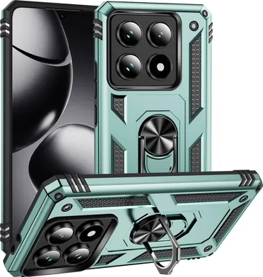 Immagine prodotto di Custodia per Xiaomi 14T Pro a doppio strato robusta, protezione militare con supporto ad anello e supporto verde